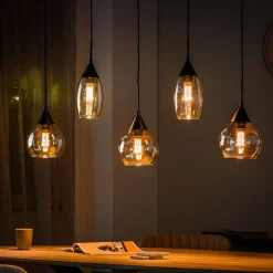 Hanglamp zwart Amber glas 5-lichts - Lungo