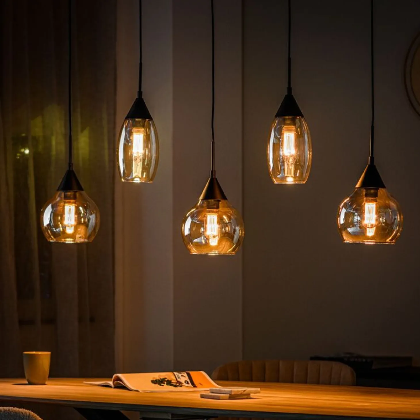 Hanglamp zwart Amber glas 5-lichts - Lungo