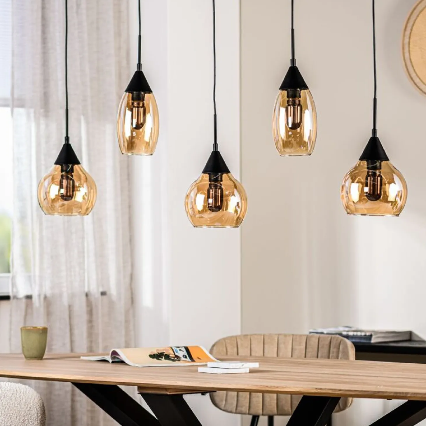Hanglamp zwart Amber glas 5-lichts - Lungo