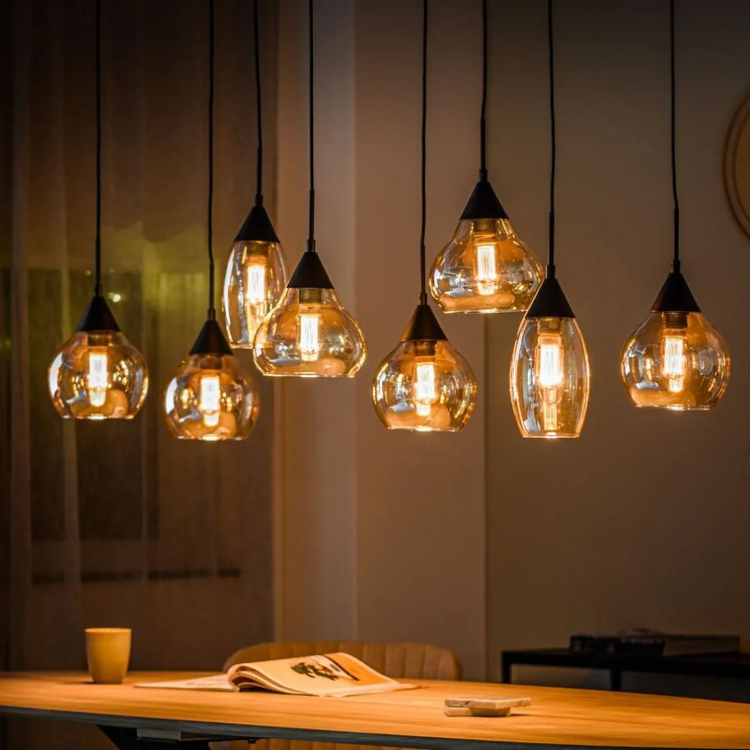Hanglamp zwart Amber glas 8-lichts - Lungo
