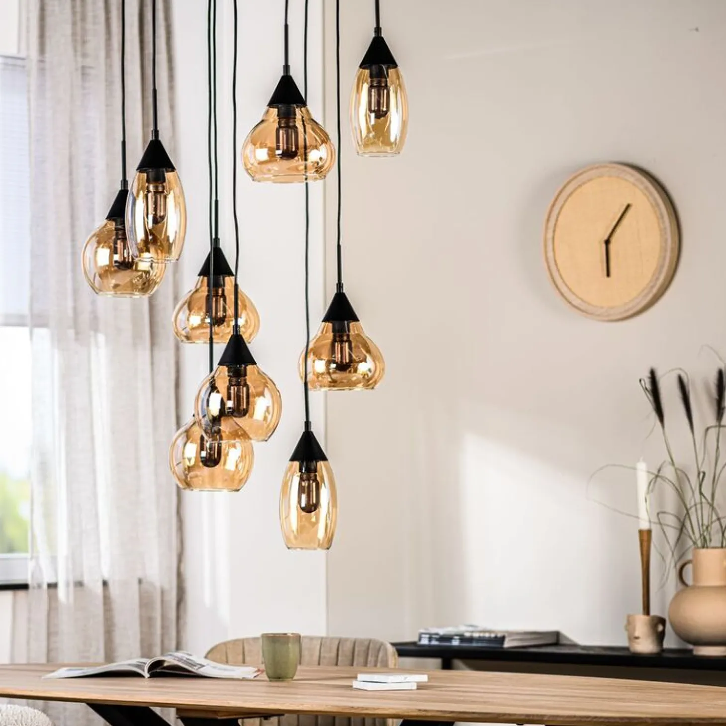 Hanglamp zwart Amber glas 9-lichts - Lungo