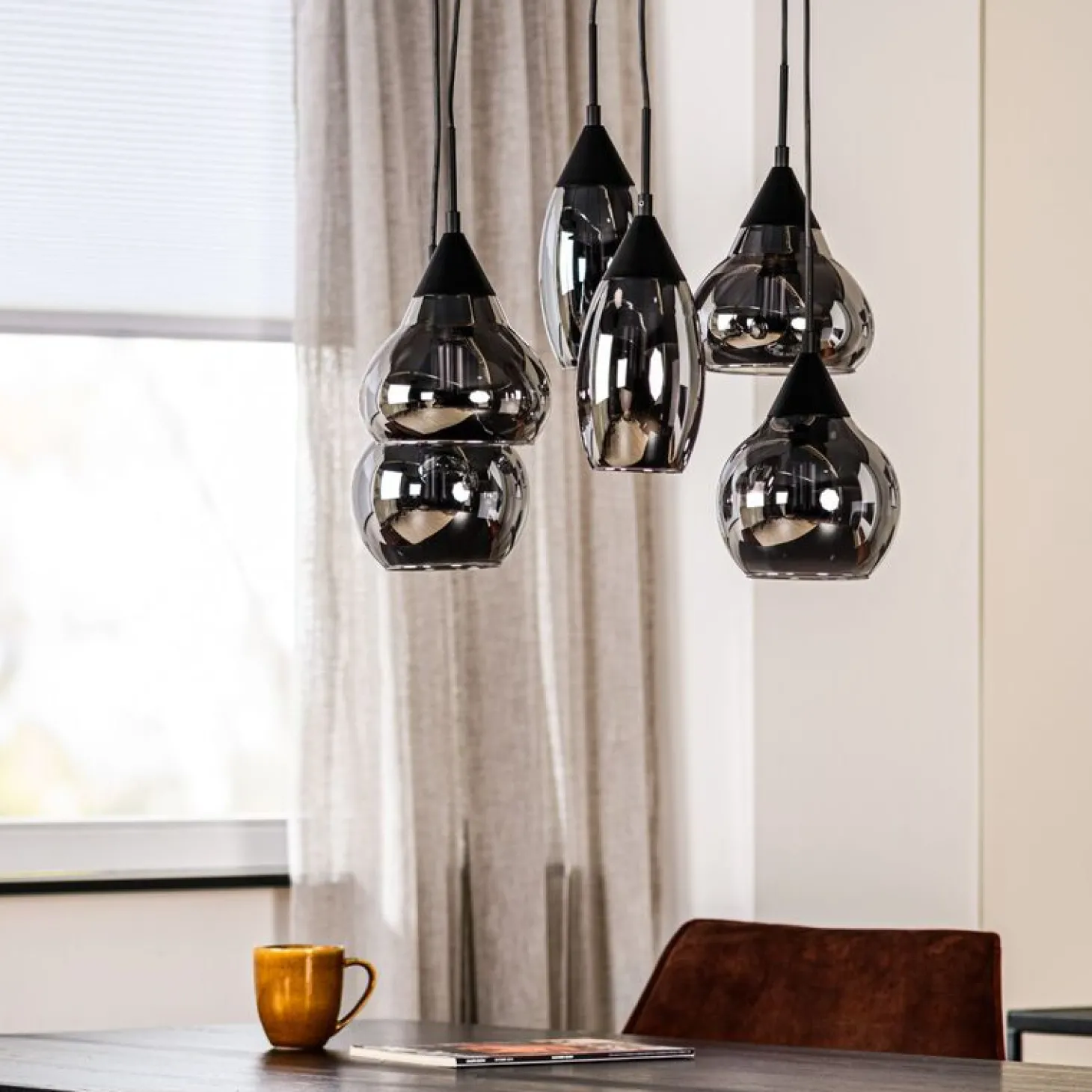 Hanglamp zwart Smoke glas 6-lichts - Lungo