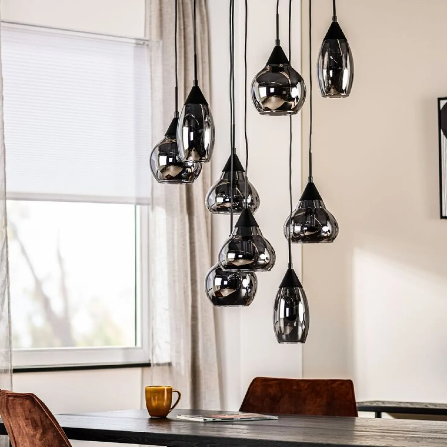 Hanglamp zwart Smoke glas 9-lichts - Lungo